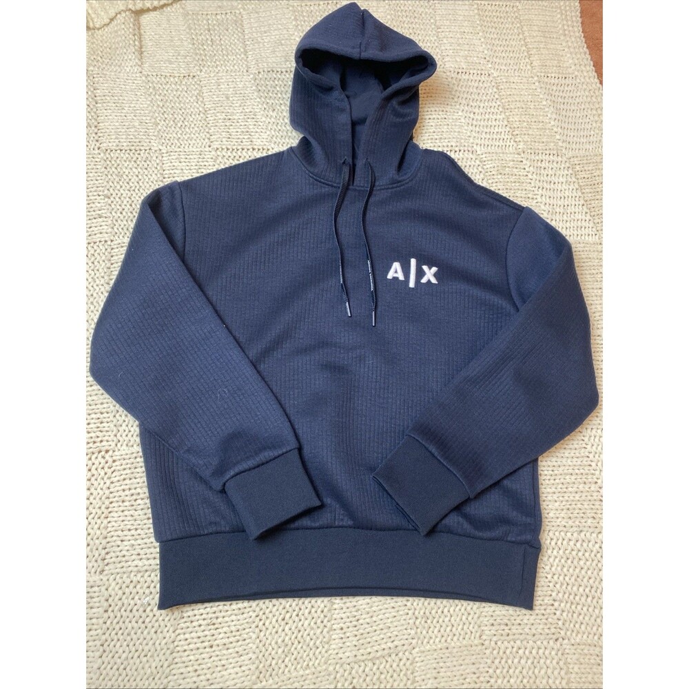 Armani Exchange Jacquard Navy Ribbed Fleece Classic Logo Sweatshirt Hoodie S